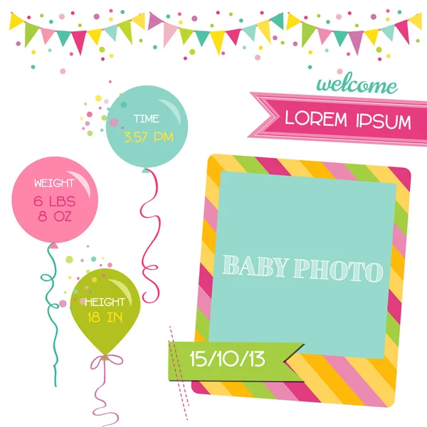 Baby Girl Arrival Card - with place for your text and photo — Stock Vector