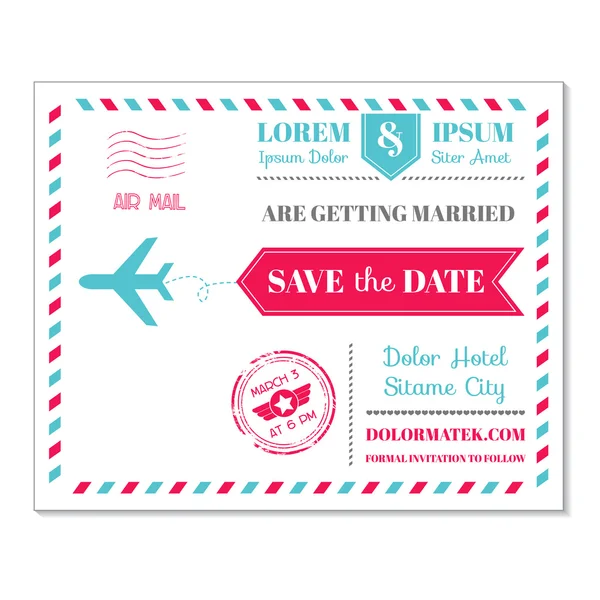 Wedding Invitation Card - Vintage Postcard Airmail Theme — Stock Vector