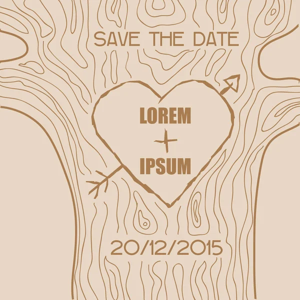 Cartão de convite de casamento - Tema de coração esculpido em madeira - no vetor —  Vetores de Stock