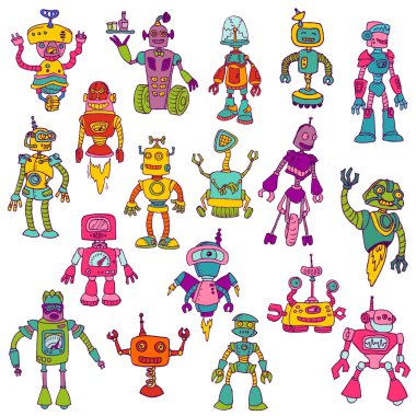 elle çizilmiş doodles robotlar - ayarla