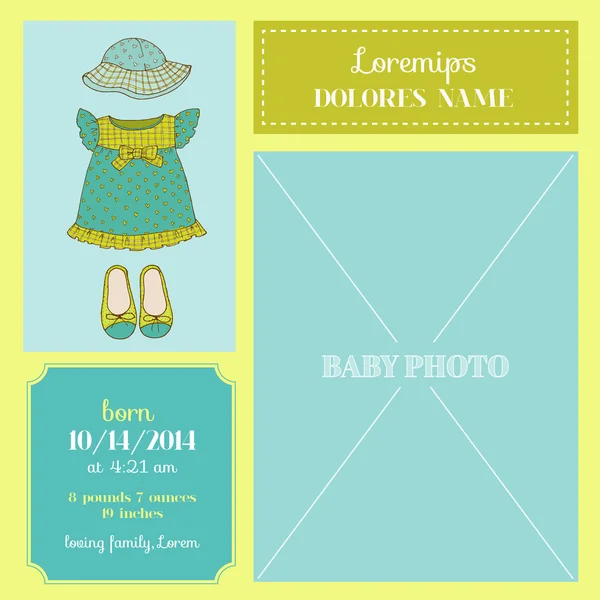 Tarjeta de llegada del bebé - con vestido de niña y marco de fotos — Vector de stock