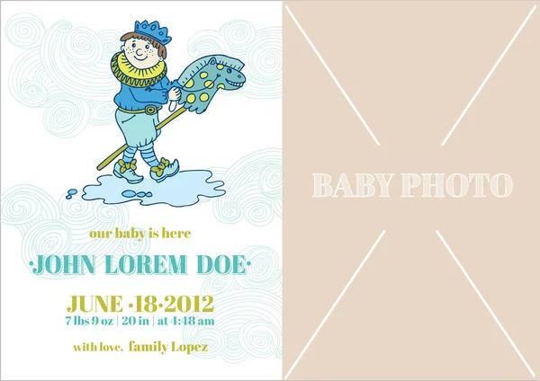 Κάρτα άφιξης μωρό αγόρι - με θέση για το κείμενο και η φωτογραφία — Διανυσματικό Αρχείο