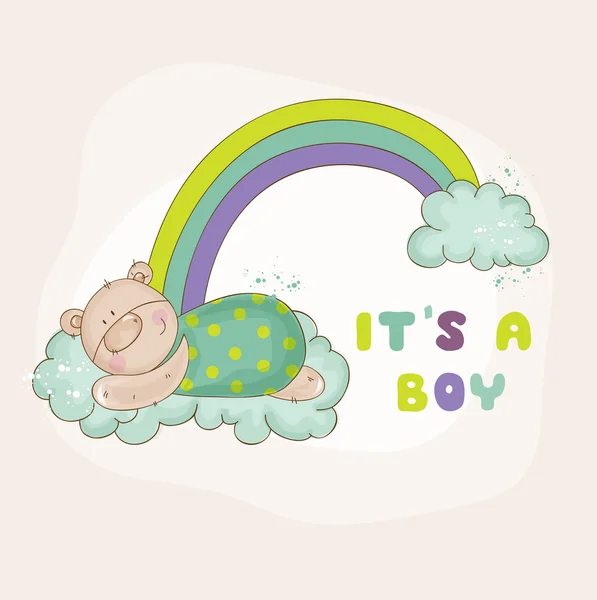 Oso bebé en un arco iris - Baby Shower o tarjeta de llegada - en vector — Vector de stock