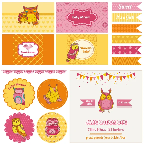 Baby Shower Owl Party Set - para design e scrapbook - em vetor —  Vetores de Stock