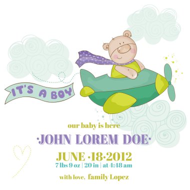 yavru ayı bir uçakta - bebek duş veya varış kartı - vektör