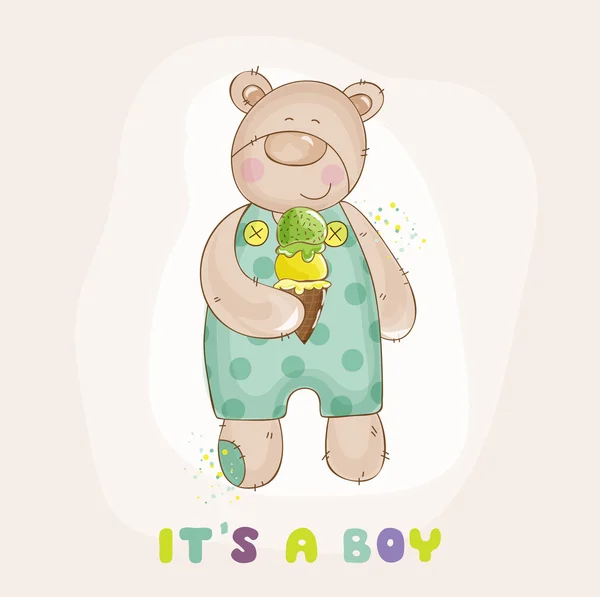 Dítě medvěd se zmrzlinou - baby sprcha nebo přijetí karty - ve vektoru — Stockový vektor