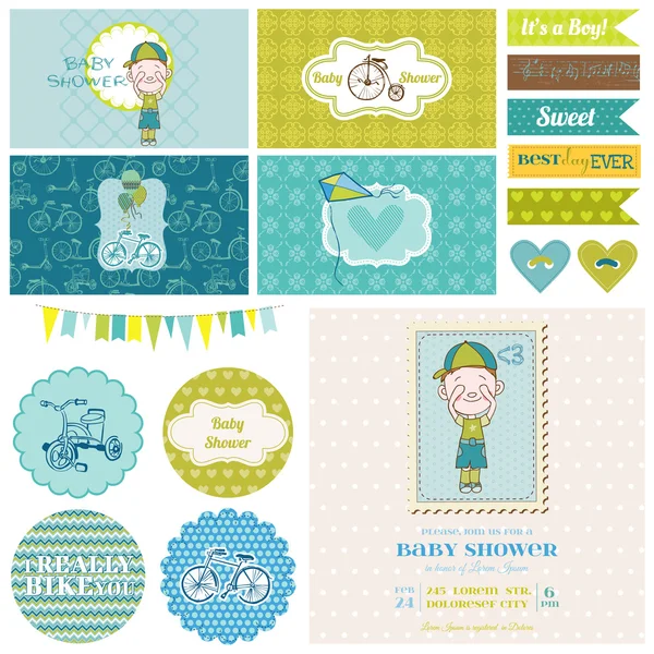 Baby douche fiets partij set - voor feestdecoratie, scrapbook — Stockvector