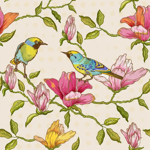 Vintage απρόσκοπτη υπόβαθρο - λουλούδια και πουλιά — Διανυσματικό Αρχείο