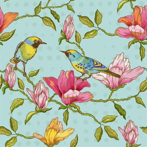 Vintage Seamless Background - Flowers and  Birds — стоковый вектор