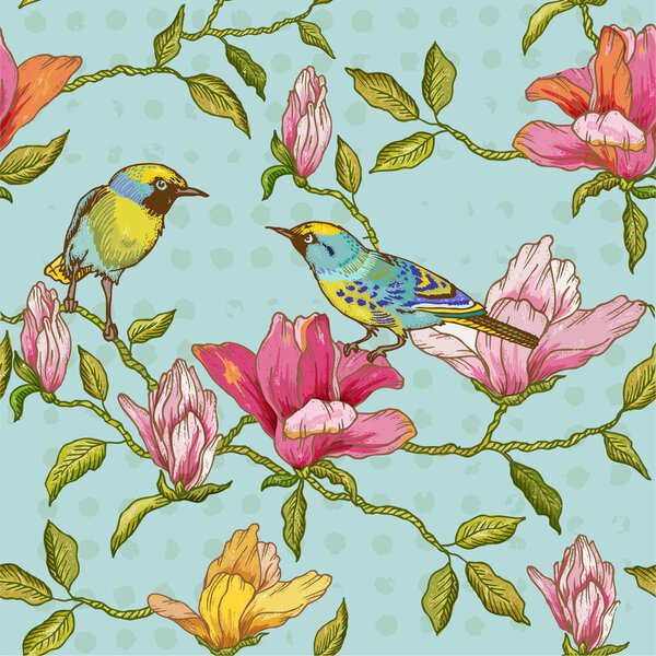 Vintage Seamless Background - Flowers and  Birds
