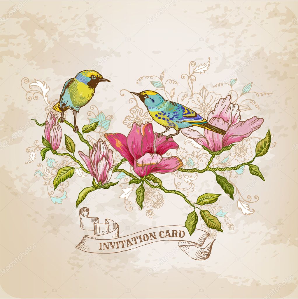 Vintage Card - Flowers and  Birds - for design and scrapbook