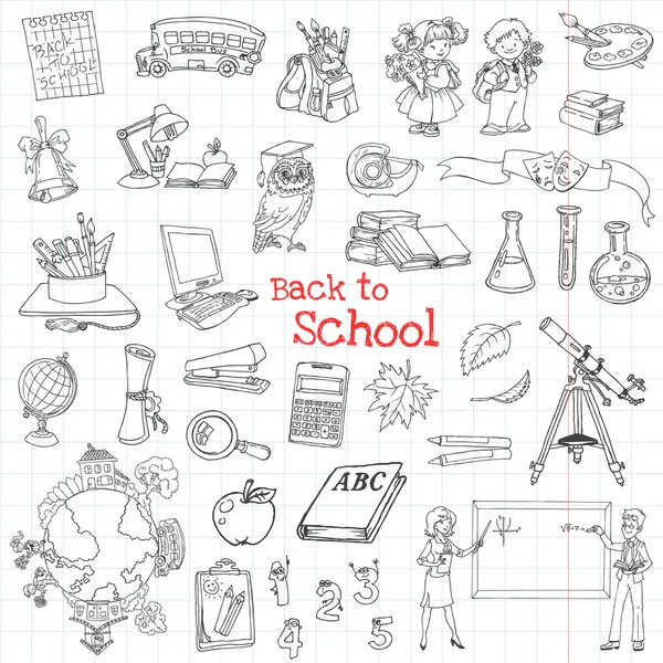 Back to School Doodles - Elementos de design de ilustração vetorial desenhado à mão —  Vetores de Stock