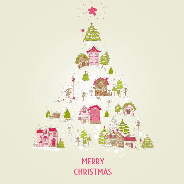 Tarjeta de Navidad con casas de Navidad - para diseño y álbum de recortes — Archivo Imágenes Vectoriales