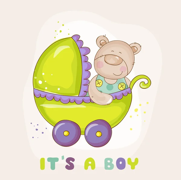 Babybär im Kinderwagen - für Babydusche oder Ankunftskarte — Stockvektor