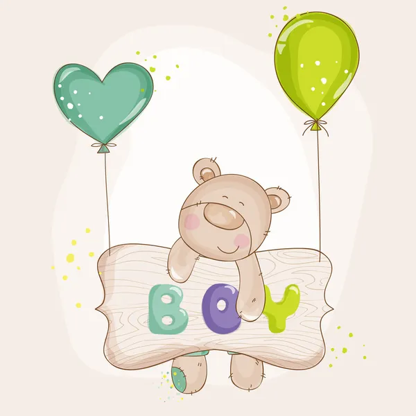Oso bebé con globos - Baby Shower o tarjetas de llegada del bebé — Vector de stock
