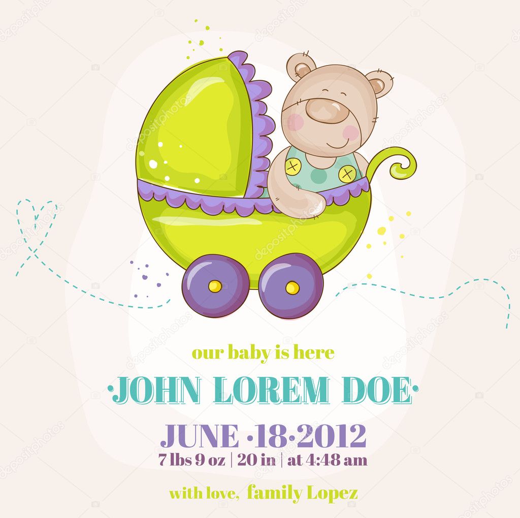 Baby Boy Arrival Card - Baby Bear in Carriage - in vector