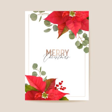 Gerçekçi Poinsettia 3 d. Çiçek Kış Kartı, Mutlu Noeller. Yeni Yıl Tatil Partisi Daveti
