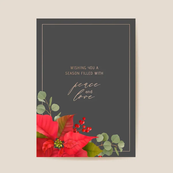 Elegancka kartka Wesołych Świąt i Nowego Roku z Poinsettia Realistyczne kwiaty, Jemioła — Wektor stockowy