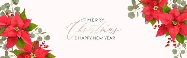 Feliz Navidad y Feliz Año Nuevo encabezado para el sitio web. Banner de vector de flor de Poinsettia realista de Navidad — Vector de stock