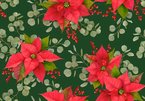 Poinsettia Christmas Realistic seamless pattern with Winter Mistletoe, Rowan Berries branches, eucalyptus — 图库矢量图片