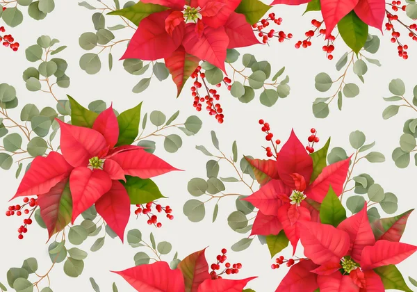 Padrão sem costura de Natal com flor de inverno Poinsettia, visco, ramos de árvore de Rowan com bagas — Vetor de Stock