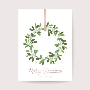 Yeşil Ökseotu Çelengi, Kış Çiçekleri ile Şık Noel ve Yeni Yıl Kartı selamlama, davetiye, broşür, vektör kapağı tasarımı