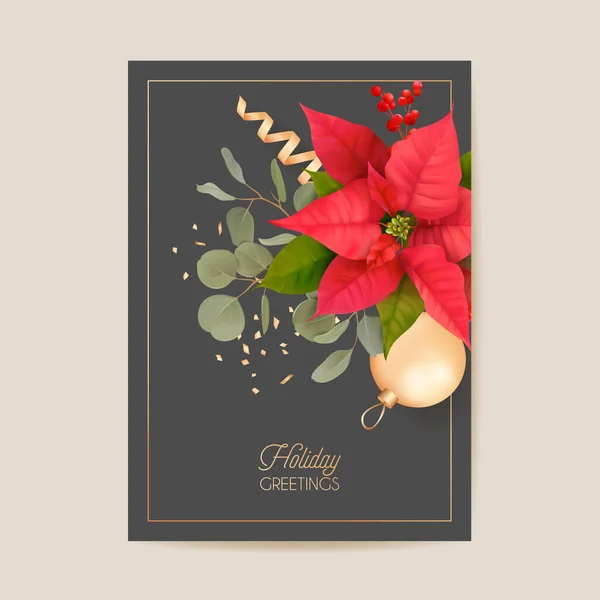 Elegant Merry Christmas New Year Card Poinsettia Realistic Flowers Mistletoe — Stock Vector