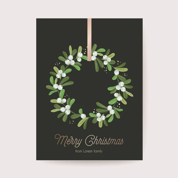 Elegant Merry Christmas New Year Card Green Mistletoe Wreath Winter — Stock Vector