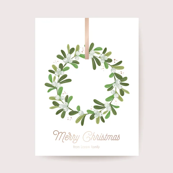 Κομψό Καλά Χριστούγεννα Και Την Πρωτοχρονιά Κάρτα Πράσινο Στεφάνι Γκι — Διανυσματικό Αρχείο
