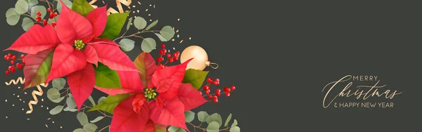 Vrolijk Kerstfeest Gelukkig Nieuwjaar Vector Banner Kerstmis Realistische Poinsettia Bloem — Stockvector