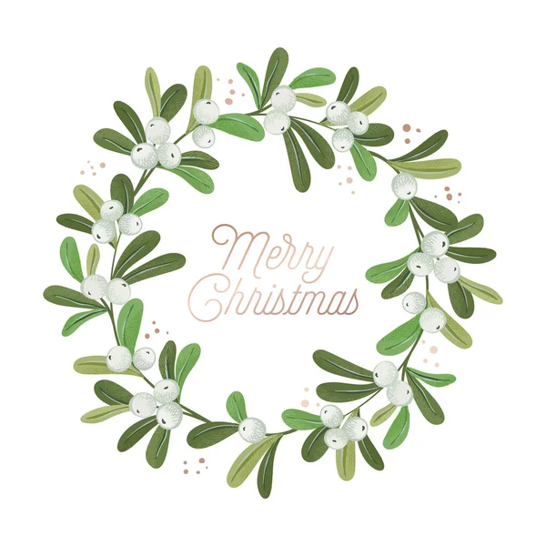 Рождественский Венок Зеленые Ветки Омелы Белые Ягоды Шаблон Поздравительной Открытки — стоковый вектор