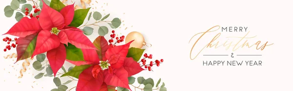 メリークリスマスとハッピーニューイヤーベクトルバナー Xmas現実的なウェブサイトのためのポインセチアの花のヘッダー 花花束3Dデザイン 休日のパンフレット ポスター グリーティングカード チラシ — ストックベクタ