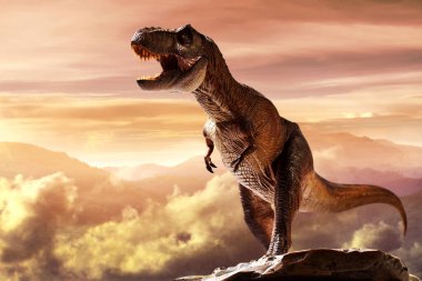 Dinozor tyrannosaurus rex dağın tepesinde