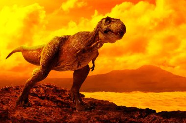 Dinozor tyrannosaurus rex dağın tepesinde