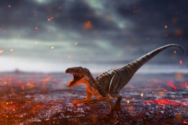Dinozorlar 3D görüntüleme, dağların tepesinde velociraptorlar