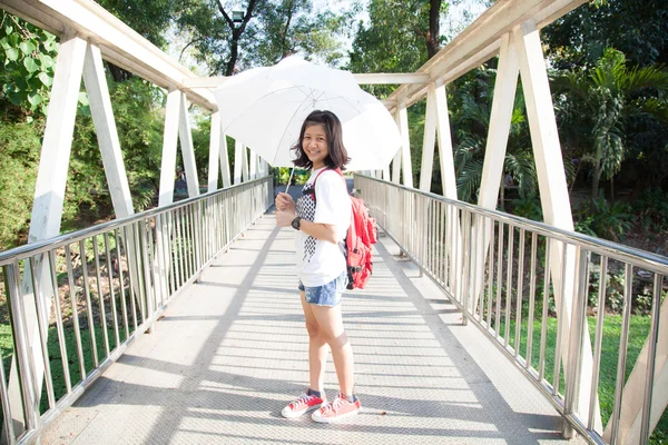 Young woman holding a white umbrella. — Stock Photo, Image