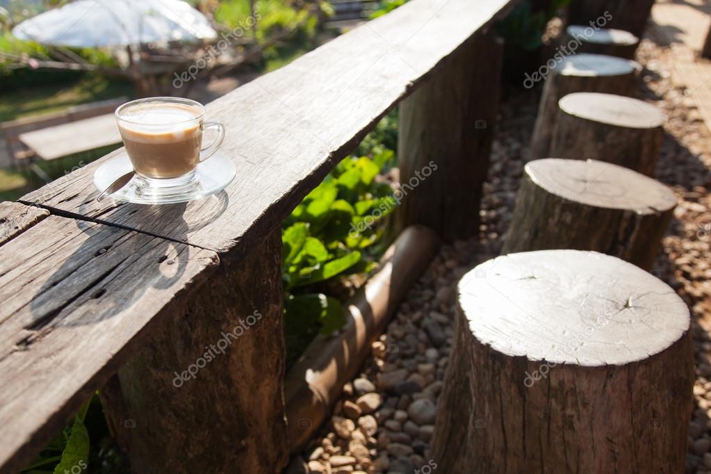 Coffee laid on wooden terrace