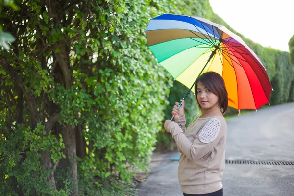 Asiatico donna holding un ombrello su il marciapiede . — Foto Stock