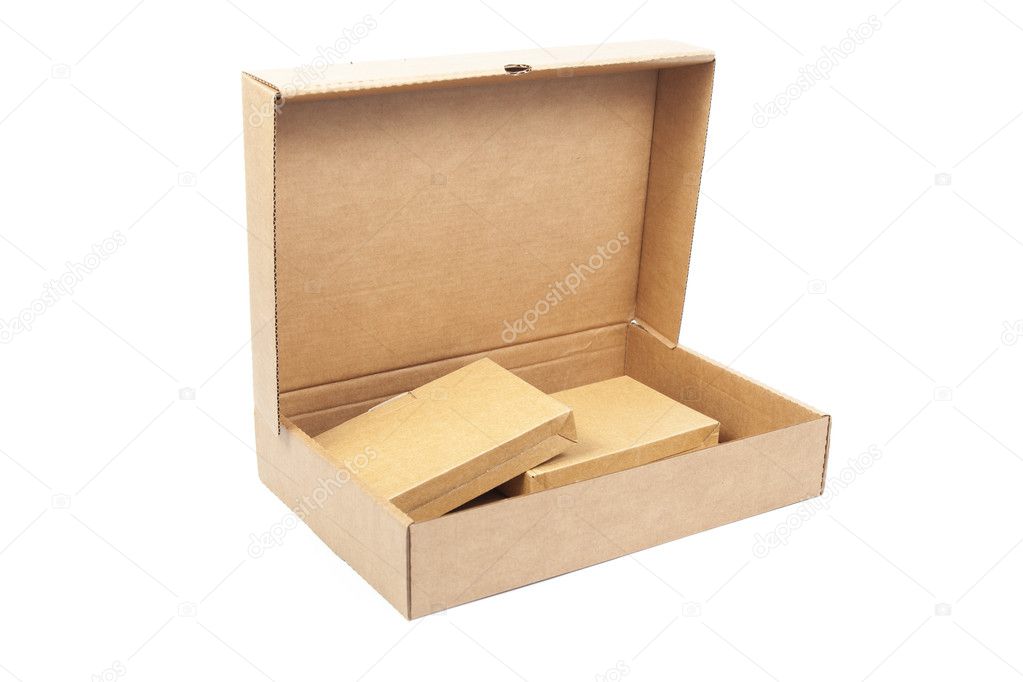 Brown paper box open.