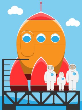 Rocket and astronaut family in spaceport clipart