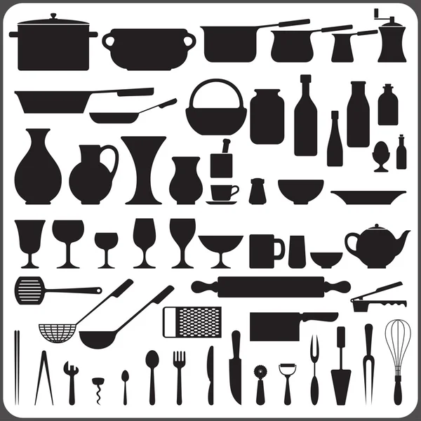 Batterie de cuisine ensemble de 57 silhouettes d'objets — Image vectorielle