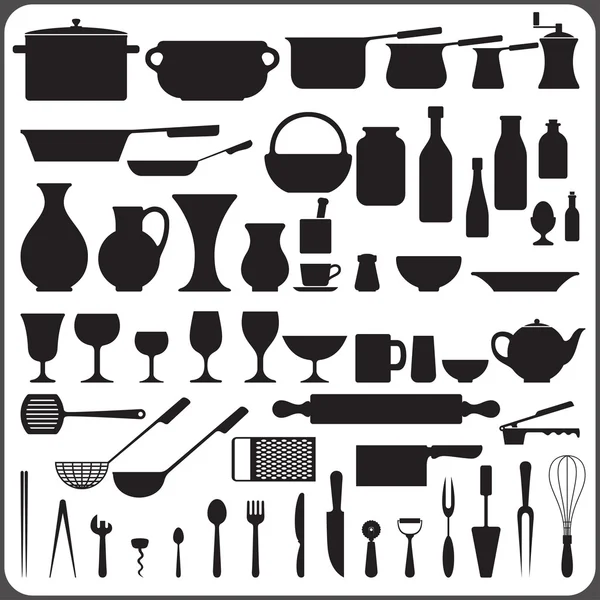 Kitchenware set of 57 object silhouettes — Stock Vector