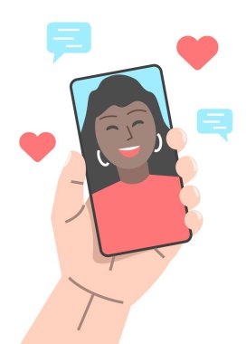 Ekrandan gülümseyen bir kızla bir adamın elinde telefon. Video iletişim konsepti