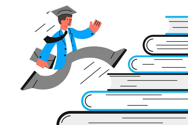 El estudiante corriendo por las escaleras de las pilas de libros para obtener conocimiento. El concepto de lograr metas, éxito y carrera — Archivo Imágenes Vectoriales