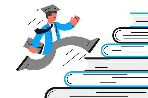 The student running up the stairs of book stacks to gain knowledge. The concept of achieving goals, success and career Stock Vector