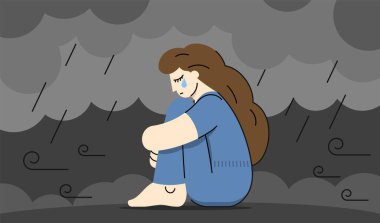 Kasvetli bir günde, elleri yağmurda dizlerine dolanmış, fırtına bulutları altında ağlayan üzgün bir kadın. Vektör illüstrasyonu