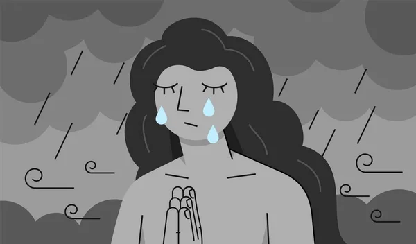 在灰蒙蒙的雨天 在暴风雨的云雾中 一个女人双手交叉着祈祷 在雨中哭泣 矢量说明 矢量图形