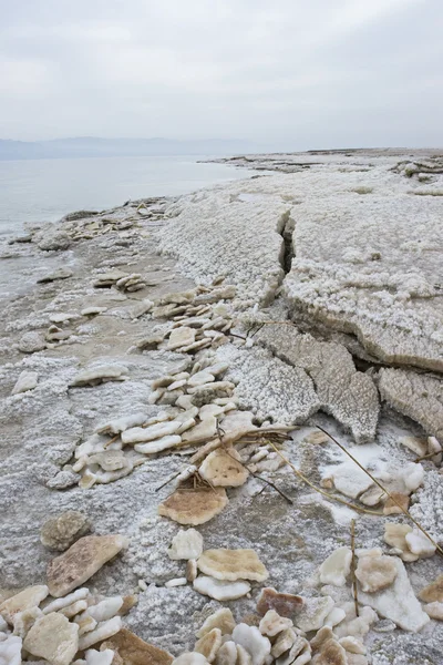 Sédiments minéraux constitués de sel, de roches et d'eau au point le plus bas de la terre, Mer Morte — Photo