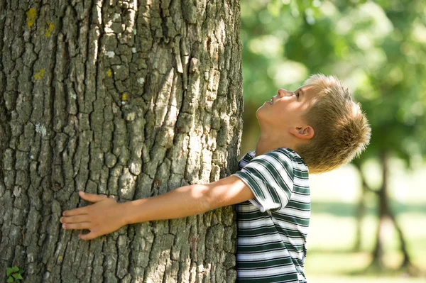 Niño abrazando un árbol — Foto de Stock