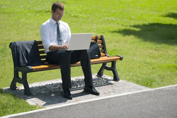 Zakenman die werken in het park — Stockfoto